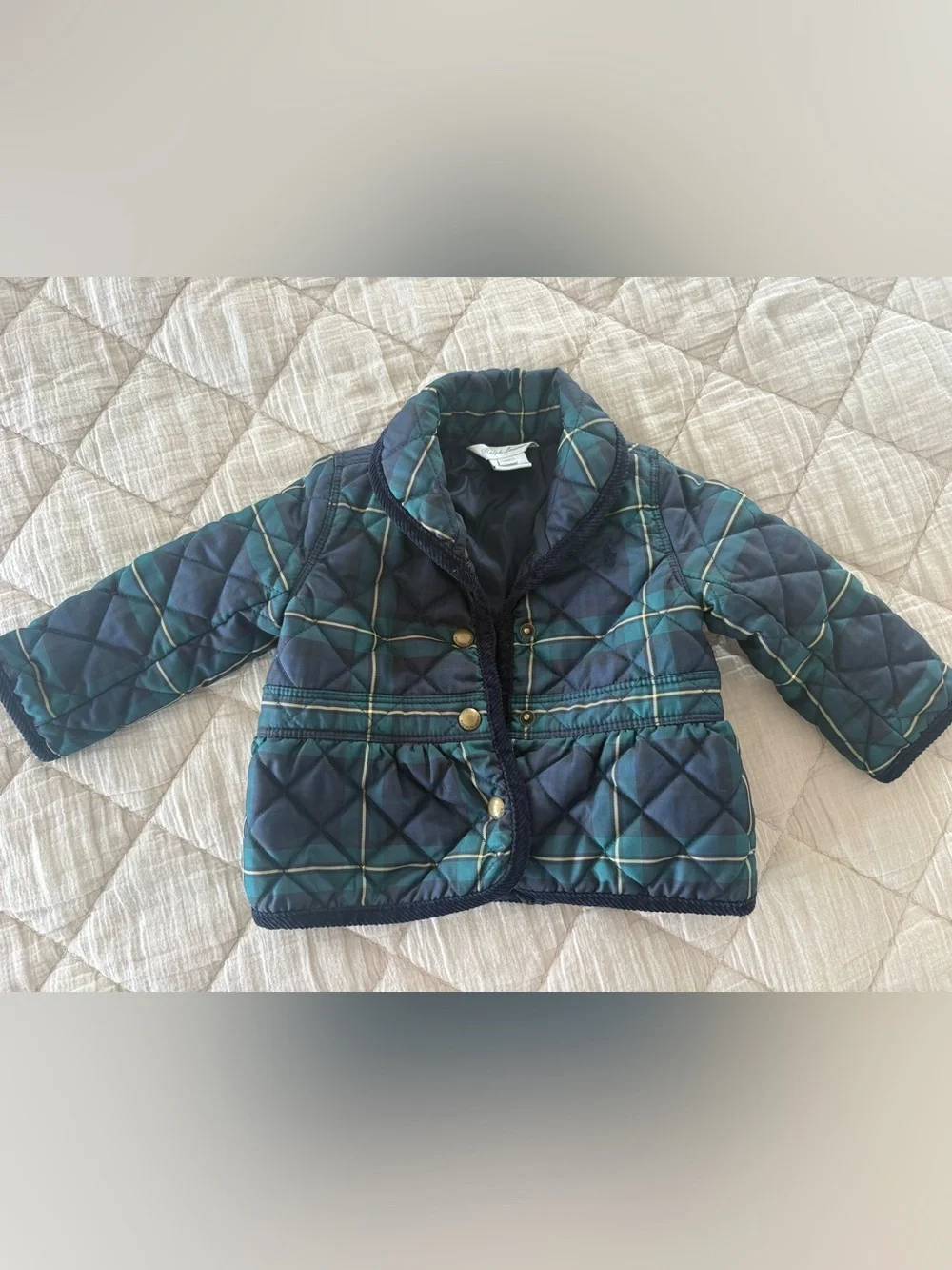 Ralph Lauren Baby 9M Tartan Plaid Quilted Jacket Green Navy Preppy Coat